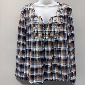 Cape Juby Plaid Floral Embroidered Farm House Boho Peasant Top Sz XL